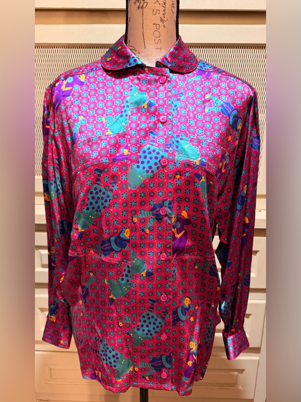 VTG Escada Margaretha Ley Silk Fuchsia Pop Art Polka Dot Blouse